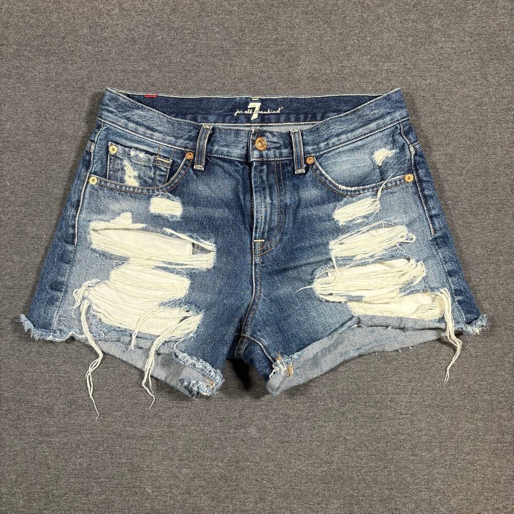 7 for All Mankind Ripped Denim Daisy Duke Designer Shorts dark wash Women’s 26